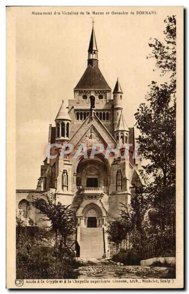 Denkmal der Schlachten der Marne und Ossuar von Dormans — Zugang zur Krypta und zur Oberkapelle — Closson, Arch., Michelet, Bildhauer - Vorderseite