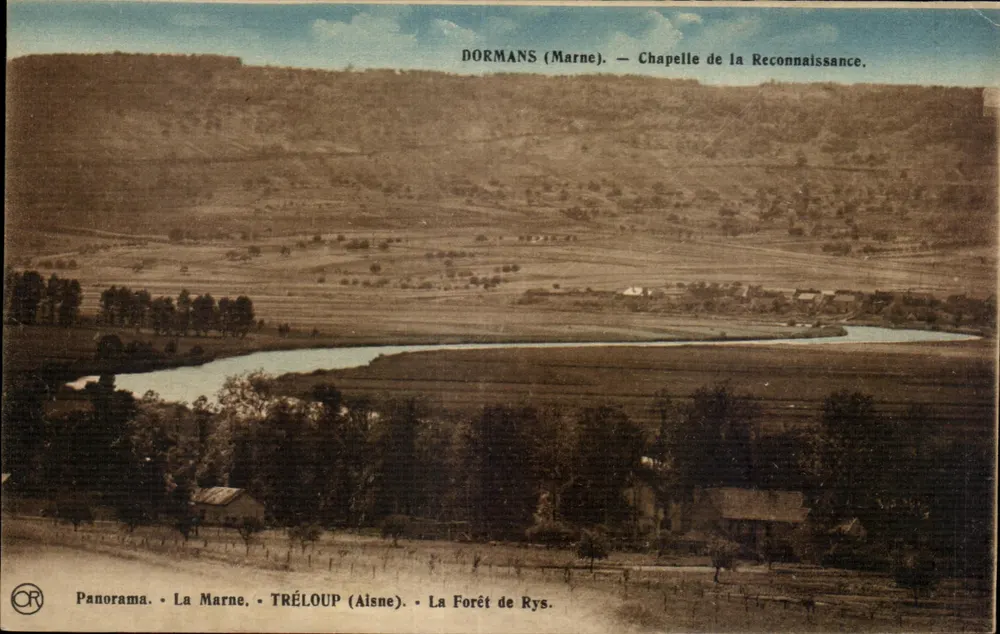 Dormans (Marne) — Capela da Reconhecimento — Panorama com a Marne, Tréloup (Aisne) e a Floresta de Rys - Frente