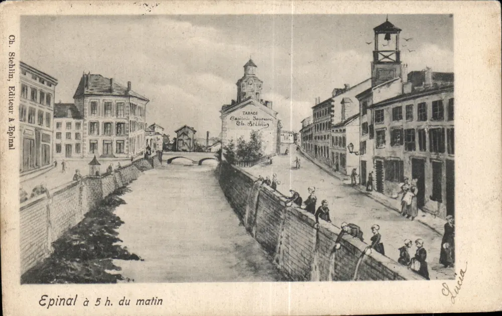 Epinal alle 5 del mattino — vista del canale e del tabaccaio — Ch. Stehlin, Editore a Epinal - Recto