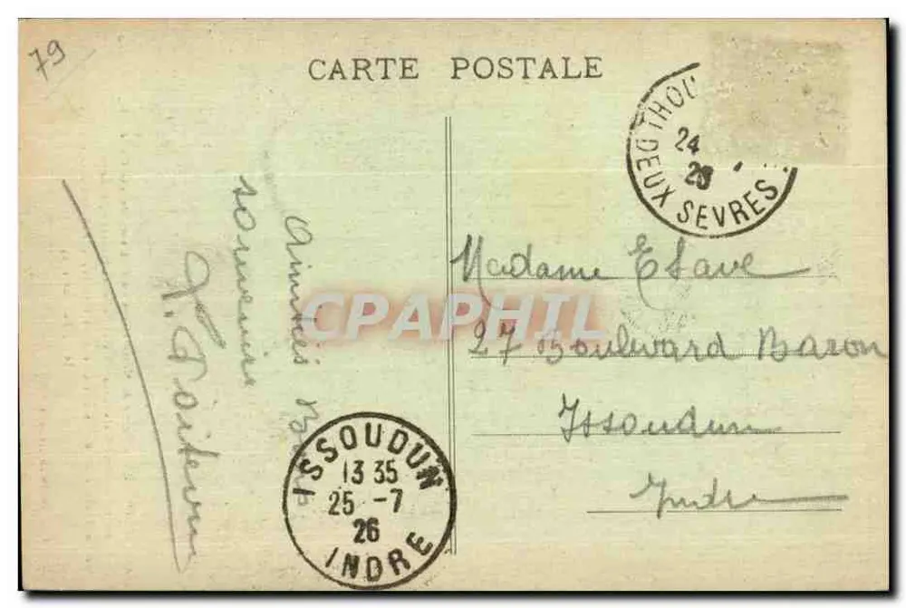 Thouars — Kirche Notre-Dame du Château, von der Collegiate aus, fertiggestellt im Jahr 1509, unter der Leitung von Gabrielle de Bourbon, Ehefrau von Louis II de La Trémoille, getötet bei der Schlacht von Pavie am 24. Februar 1525 — Lib.-Pap. Vve Delabarré, Verlag - Rückseite