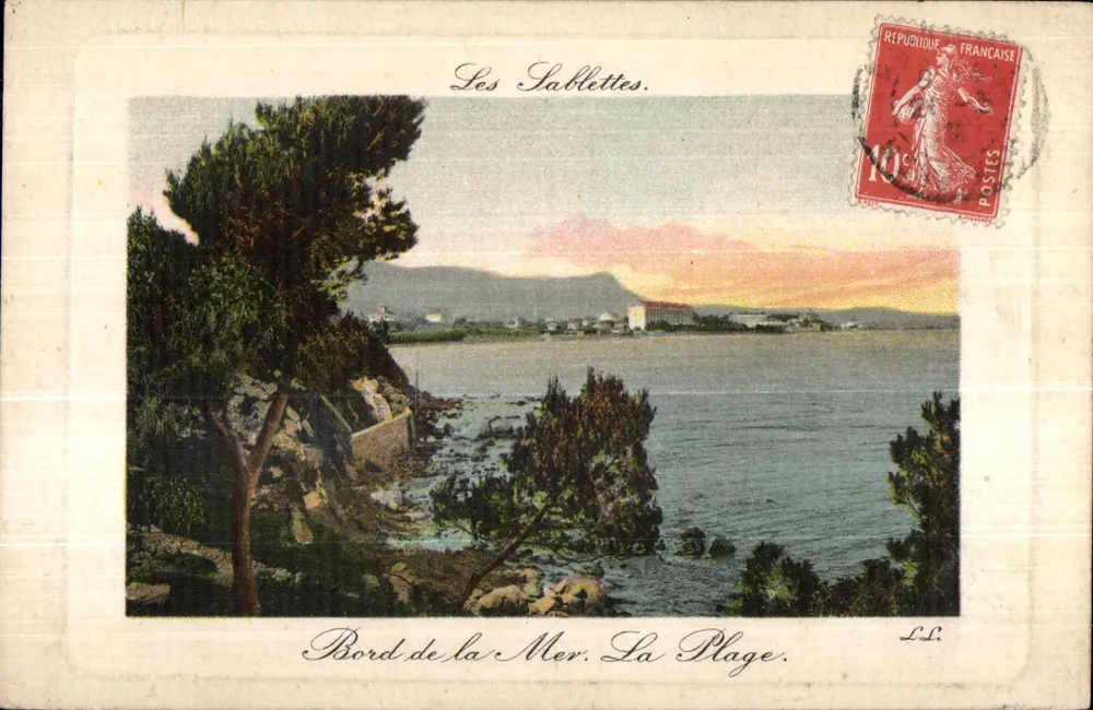 Les Sablettes. Riva van de Zee. De Strand. — Uitgever L.L. — Postzegel 10c Franse Republiek - Voorkant