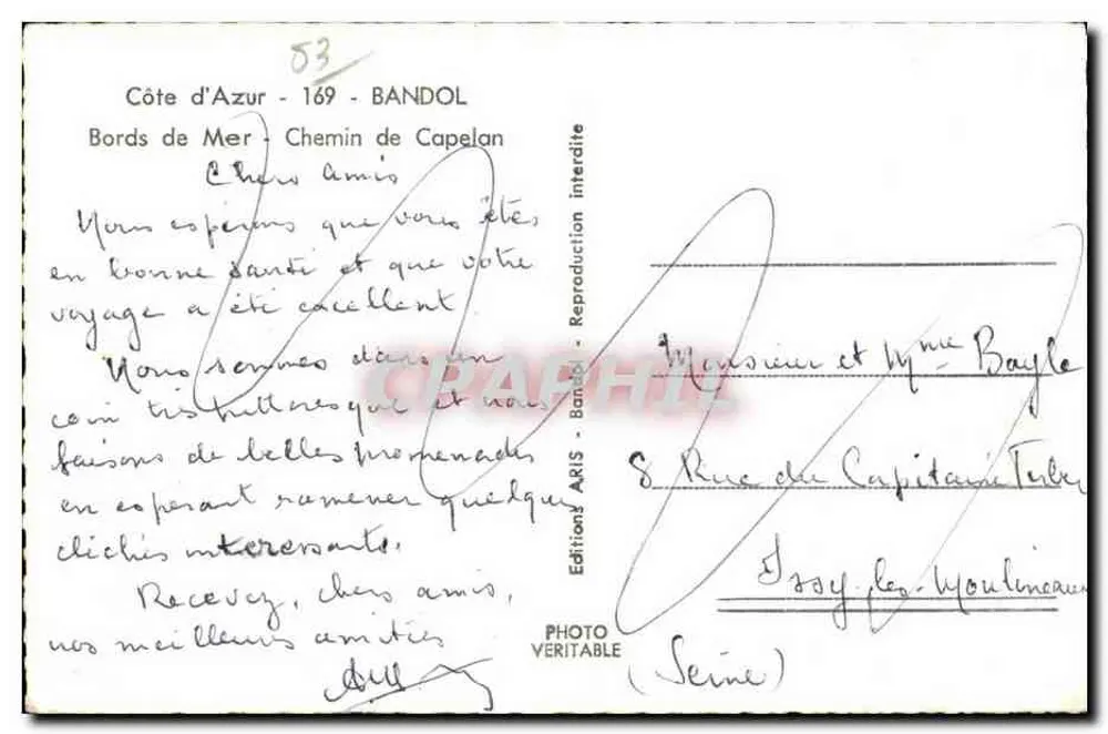 Margens do Mar - Caminho de Capelan — Bandol, Costa Azul — Edições ARIS - Verso