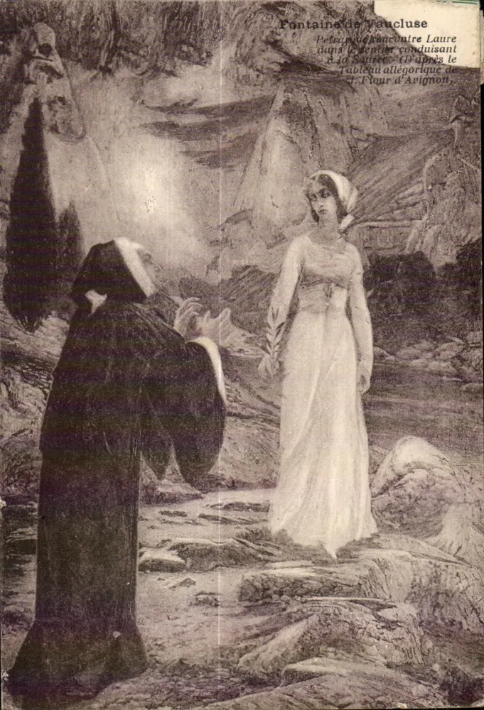 Fonte de Vaucluse — Petrarca encontra Laure na Fonte — Quadro alegórico de Flour d'Avignon - Frente