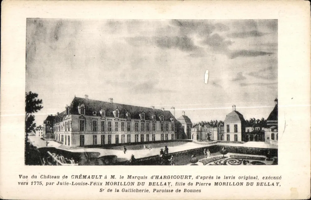 Schloss Crémault — Ansicht um 1775 — nach dem Originalspitzbrettzeichnung von Julie-Louise-Félix Morillon du Bellay - Vorderseite