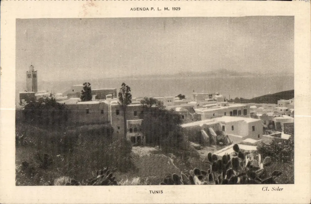 Tunisi — vista panoramica con minaretto — Cl. Soler, Agenda P. L. M. 1929 - Recto