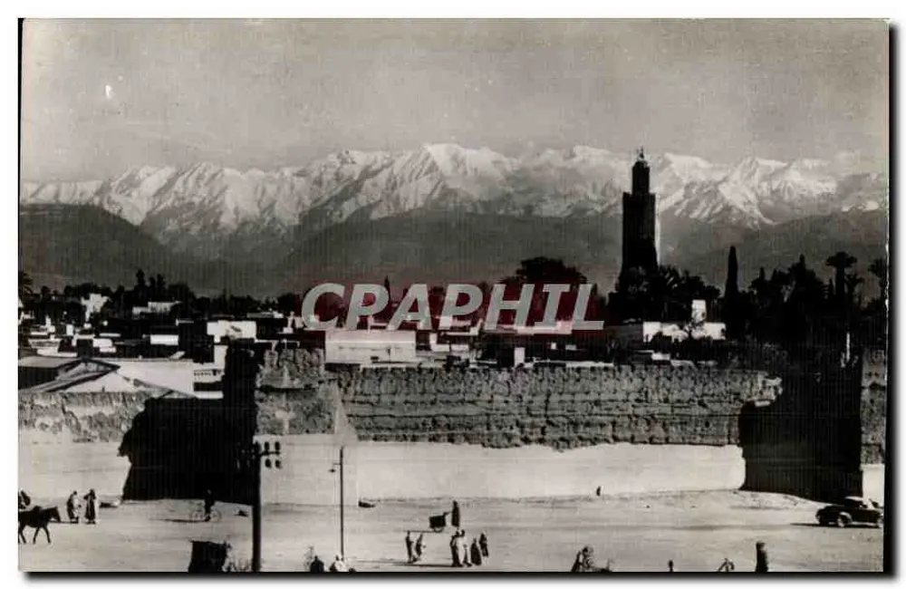 Marrakech — Panoramablick mit dem Minaret der Koutoubia und den schneebedeckten Atlasbergen — Foto Hébran, n° 133814 - Vorderseite