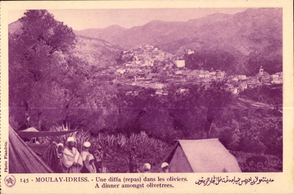 Moulay-Idriss — Uma diffa (refeição) entre os oliveiros — Photo Flandrin, n°145 - Frente