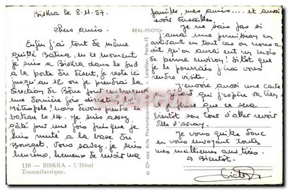 Biskra — Hotel Transatlantique — editore Cie des Arts Photomécaniques, Parigi - Verso