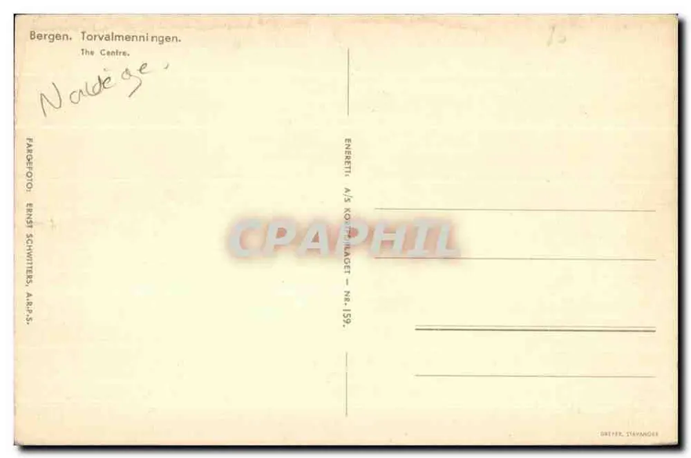 Bergen. Torvalmenningen. — Das Zentrum — Verlag: Fargefoto Ernst Schwitters, A/S. - Rückseite