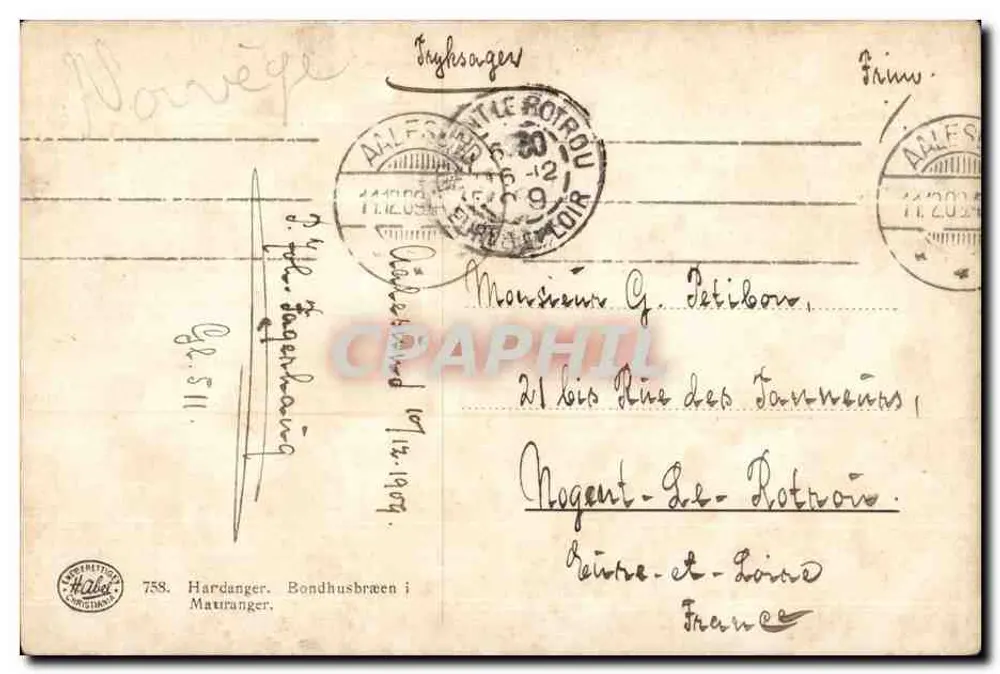 Lac et montagnes norvégiennes — vue de Hardanger i Mautranger — éditeur Hætlet, n° 758 - Verso