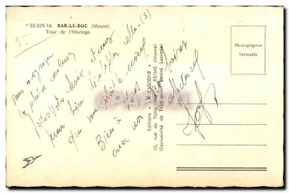 Bar-le-Duc (Meuse) — Torre da Hora — Edições de Tailleur André Lecogne, Reims - Verso