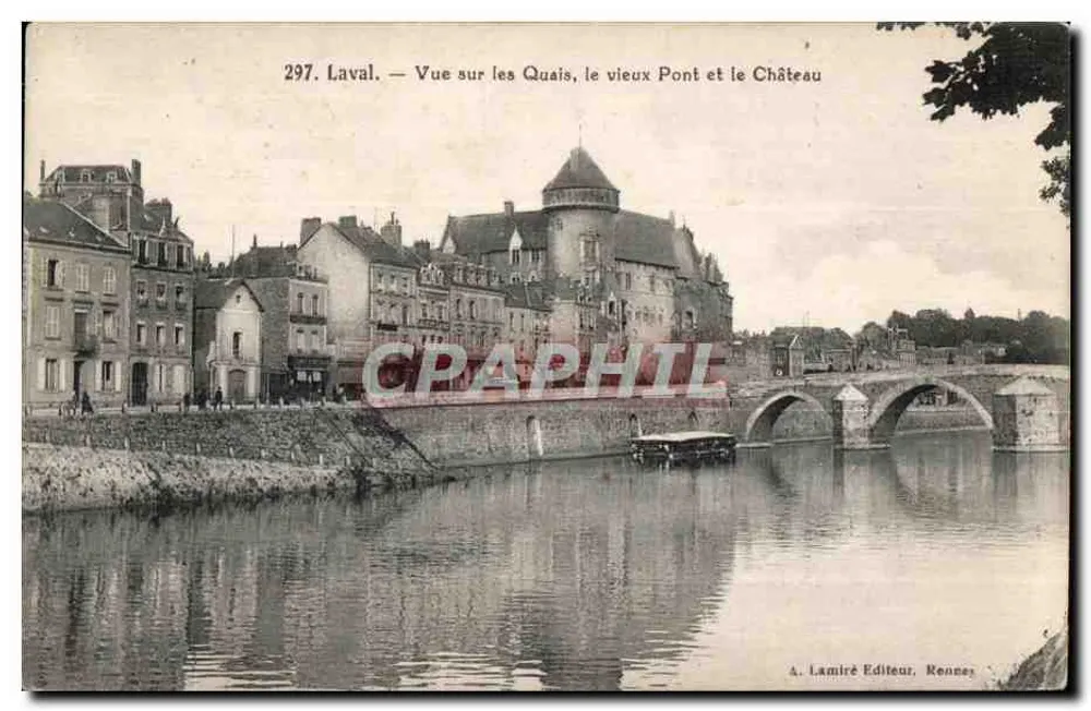 Laval — Blick auf die Quais, den alten Pont und das Schloss — A. Lamiré Verlag, Rennes - Vorderseite