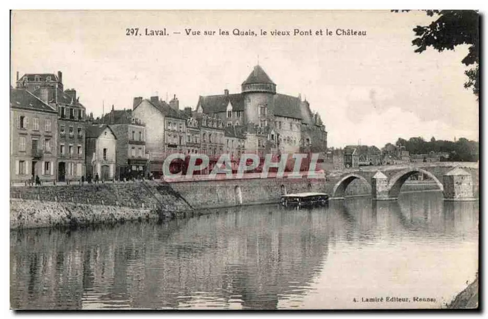 Laval — Blick auf die Ufer, die alte Brücke und das Schloss — A. Lamiré Verlag, Rennes, Nr. 297 - Vorderseite