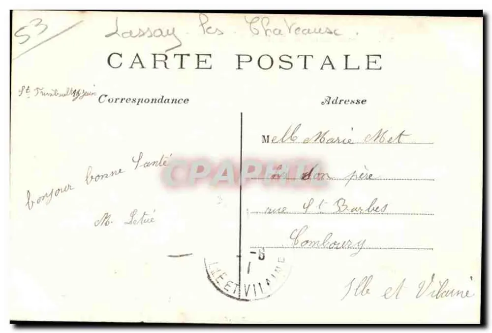 Comunidade de St-Fraimbault-de-Lassay — vista da abadia e do vilarejo — Impressoría-Livraria, Grand Lassay - Verso