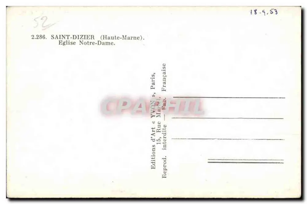Saint-Dizier — Kirche Notre-Dame — Editions d'Art « Yvon », Paris - Rückseite