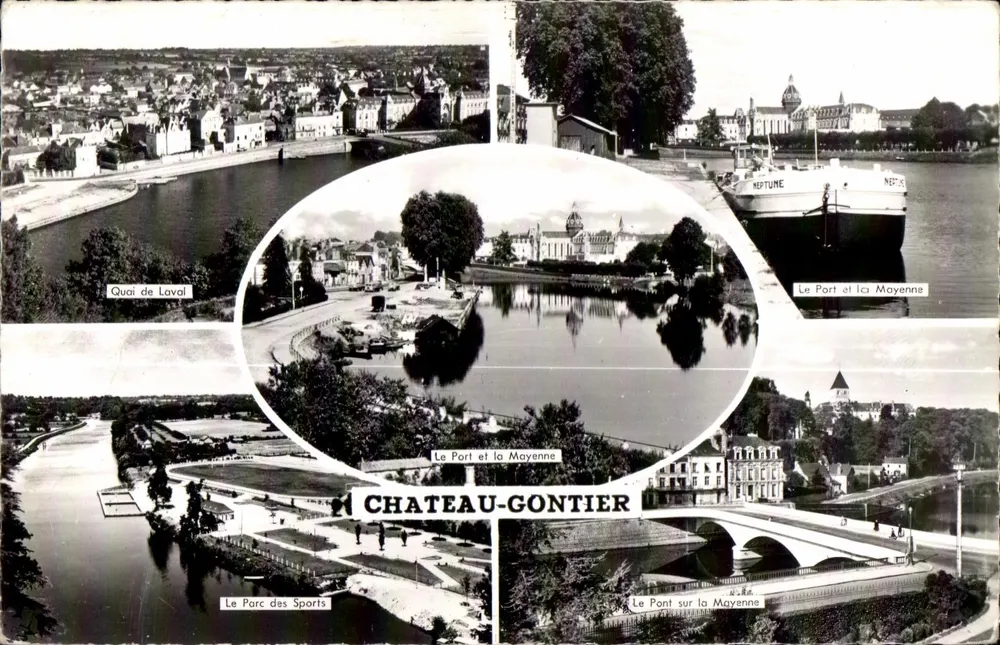 Castelo-Gaontier — Vista panorâmica com o Quai de Laval, o Port e a Moyenne, o Parc des Sports e o Pont sur la Moyenne — Éditions Gaby, Nantes - Frente