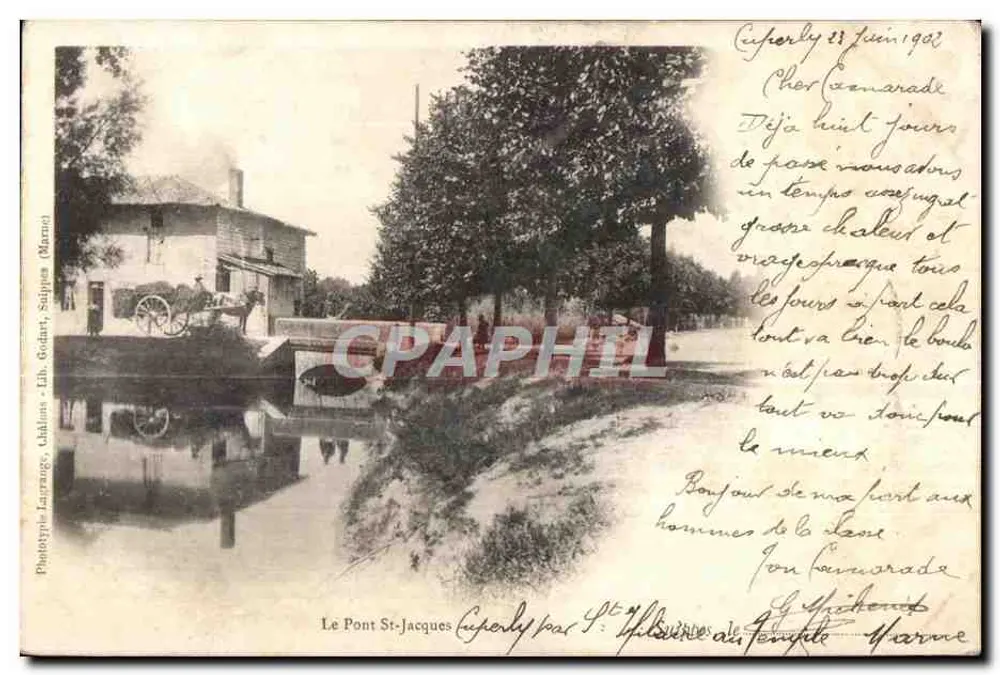 O Ponte St-Jacques — Cuperly (Marne) — Fototipia Larrange, Lib. Godart, Snippe (Marne) - Frente