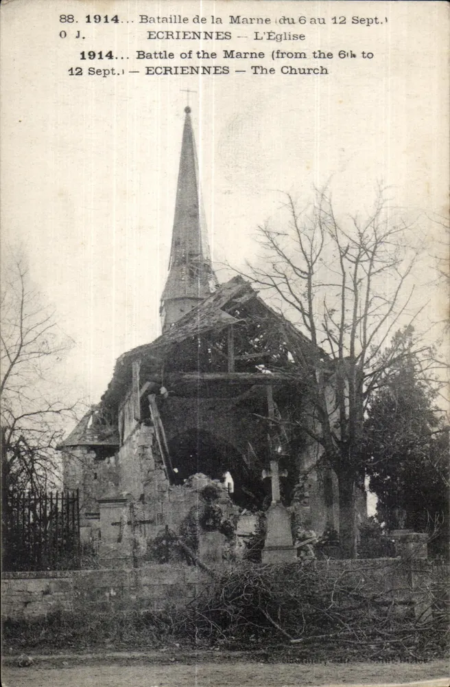 Écriennes — Die Kirche nach der Schlacht bei der Marne (6–12. Sept. 1914) — O J. - Vorderseite