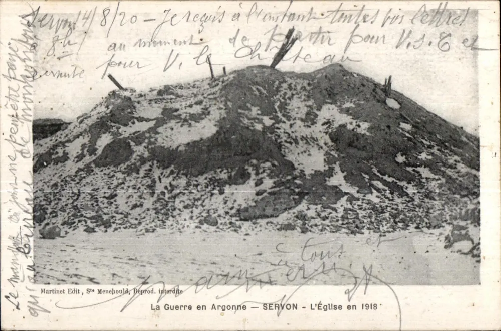 Servon - Die Kirche 1918 — Der Krieg in der Argonne — Martinet Edit, St° Menehould, Reproduktion verboten - Vorderseite