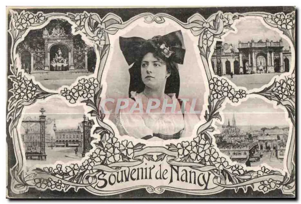 Erinnerung an Nancy — Antike Ansichtskarte im Art Nouveau-Stil mit Porträt einer Frau und Stadtbildern — Verlag nicht sichtbar - Vorderseite