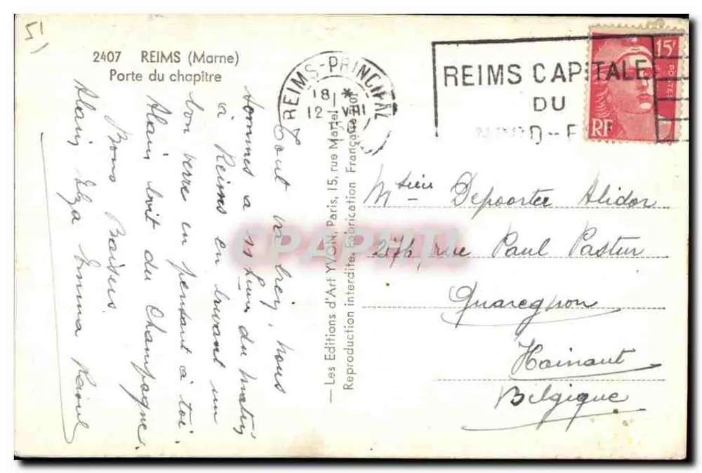 Porta do Capítulo — Reims — Edições de Arte Yvon, Paris - Verso