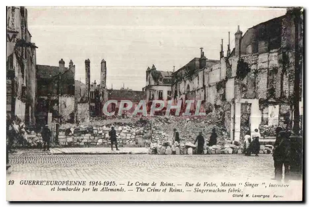 Reims — Rue de Vesles, 'Singer'-Haus in Flammen — Europäischer Krieg 1914-1915 - Vorderseite