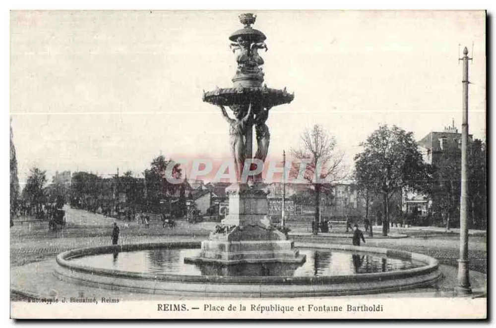 Reims — Place de la République und Fontaine Bartholdi — Phototypie J. Biennaimé, Reims - Vorderseite