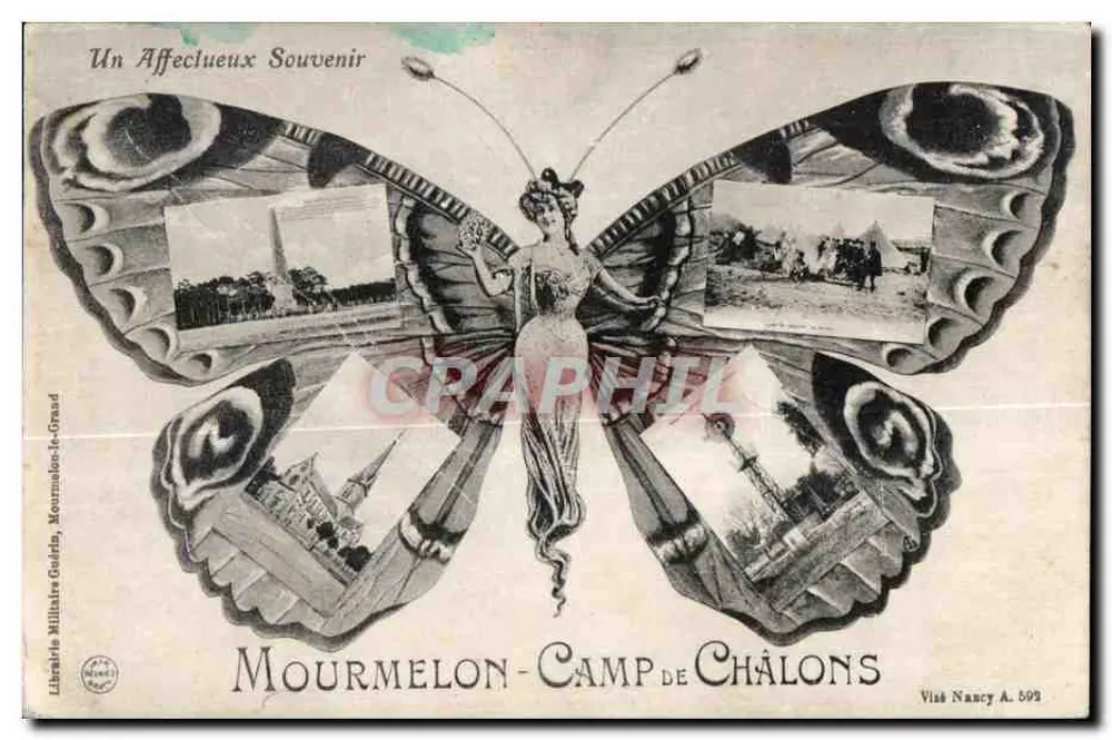 Mourmelon — Lager von Châlons — dekorierte Karte mit einem Schmetterling mit abgebildeten Flügeln — Militär-Buchhandlung Gatin, Mourmelon-le-Grand, n° 509 - Vorderseite
