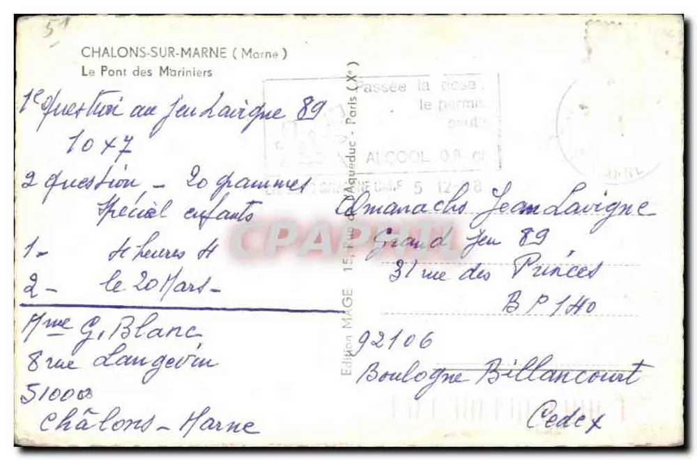 Der Pont des Mariniers — Châlons-sur-Marne — Edition MAGE n°92106 - Rückseite