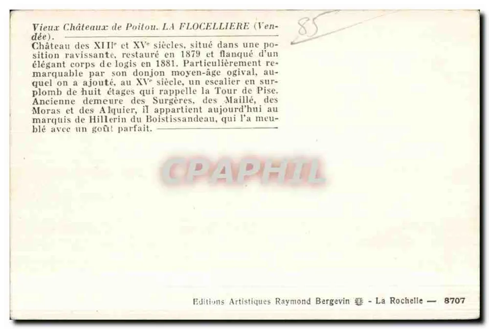 Schloss La Flocellière — Vendée — Artistische Editionen Raymond Bergevin - Rückseite
