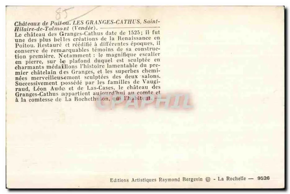 Schloss Granges-Cathus — Saint-Hilaire-de-Talmont (Vendée) — Artistische Ausgaben Raymond Bergevin — n° 9526 - Rückseite