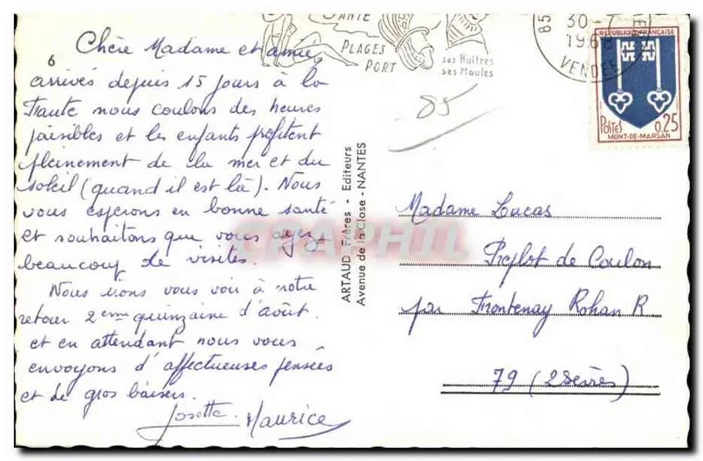 La Grière — Panoramablick mit Avenue de la Plage, Boulevard des Vendéens, Le Golf Miniature, La Chapelle, En Régates, Baie de la Belle Henriette, La Plage Corniche du Parc Clemenceau, Parc de Nolleaux, La Plage — Verlage ARTAUD Frères - NANTES - Rückseite