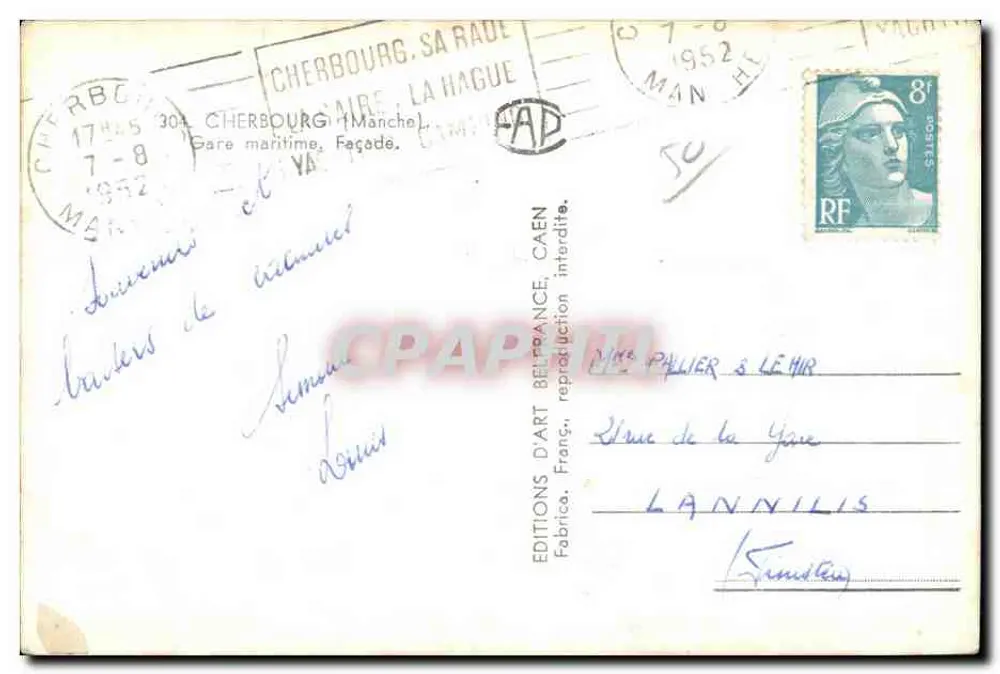 Estação marítima de Cherbourg — Fachada — Edições d'Art BelFrance, Caen - Verso
