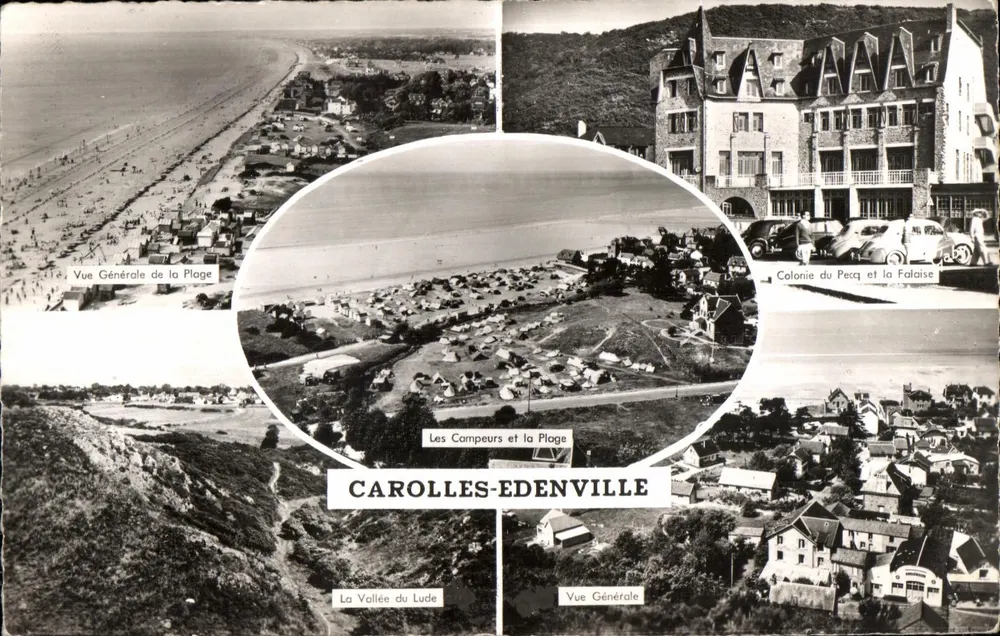 Carolles-Edenville — Vista Geral da Praia, Colônia do Pecq e a Falésia, Os Acampadores e a Praia, a Vale do Lude — Edições Gaby, Nantes - Frente