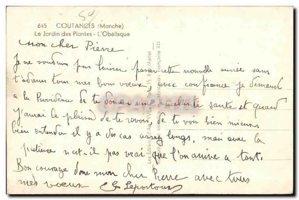 Coutances (Manche) — Der Botanische Garten — Der Obelisk — Verlag Yvon, n° 4017 - Rückseite