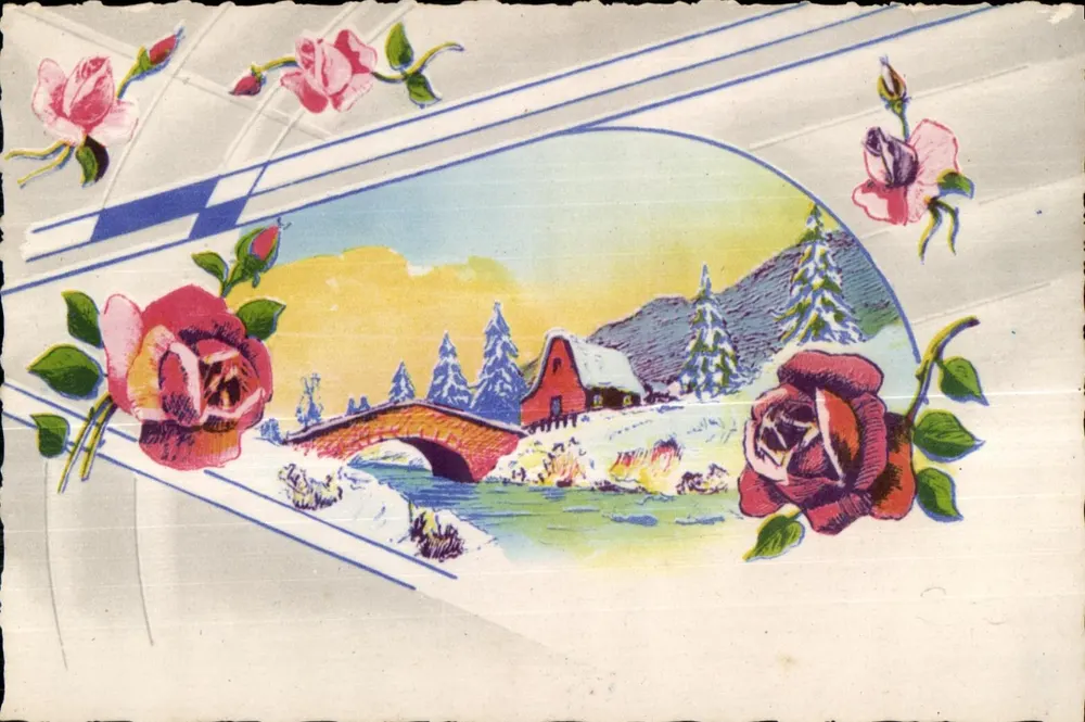 Paesaggio invernale con ponte e casa — decoro di rose — editore ROB, serie 51 - Recto
