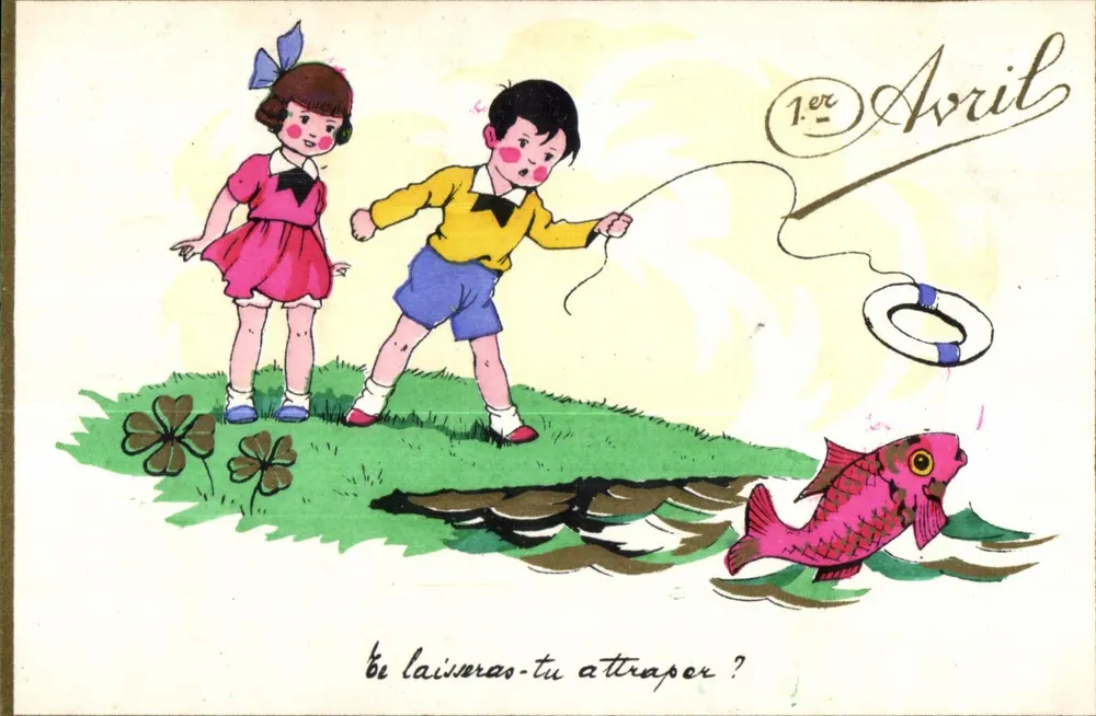 Crianças brincando de pescar um peixe — 1º de Abril — editor série 16 - Frente