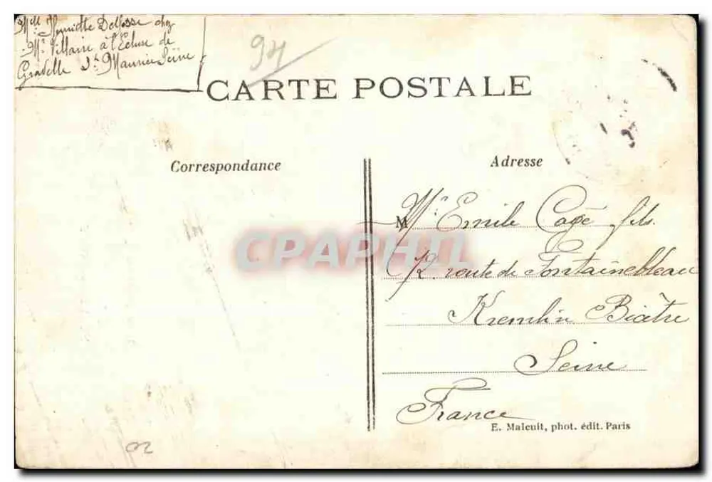 Une Pensée de JOINVILLE-le-PONT — carte décorée d'une pensée violette avec cinq vignettes de lieux, éditée par E. M. Paris - Rewers