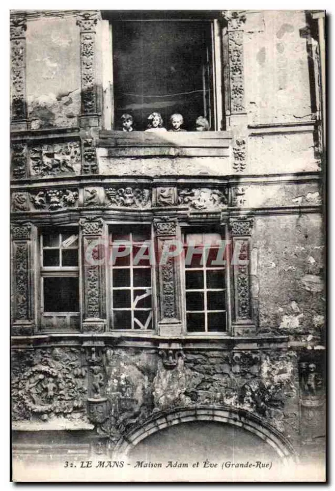 Le Mans — Haus Adam und Eva (Hauptstraße) — geschnitzte Fassade mit drei Kindern auf der Balustrade — Verlag Artaud et Nozaïs, Nantes - Vorderseite