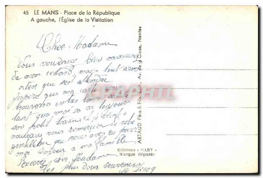 Le Mans - Place de la République — Kirche der Visitation links — Verlag Gaby, Nantes - Rückseite