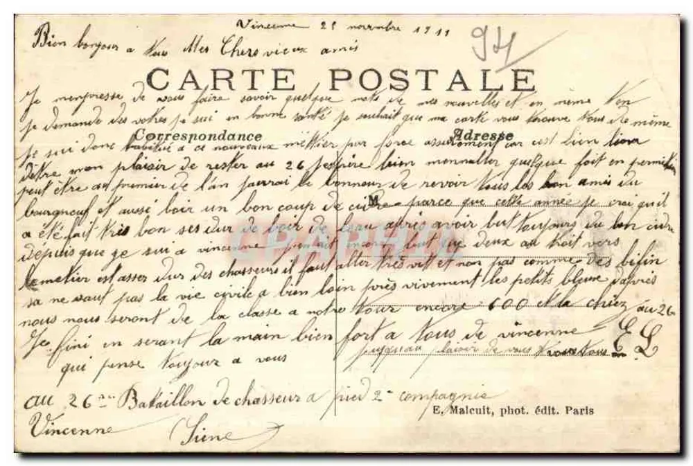 Vincennes — Recordações de Vincennes — E.M. - Verso