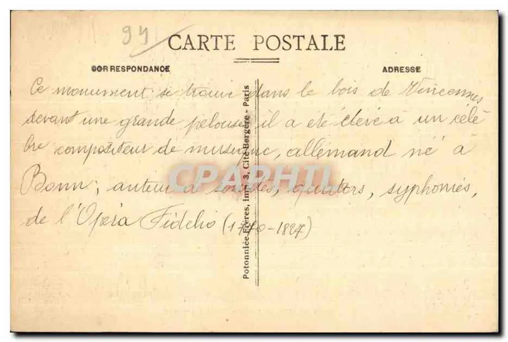 Vincennes - O Monumento Beethoven — editor Polonnée-46, série 12 - Verso
