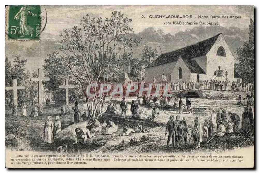 Clichy-sous-Bois - Notre-Dame des Anges — Kupferstich um 1840 (nach Daubigny) von E. Weibel-Babéran - Vorderseite