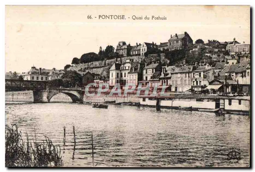 Pontoise - Quai du Pothuis — visão do ponte e das casas na Seine — Fototipia Béhaille, Paris - Frente