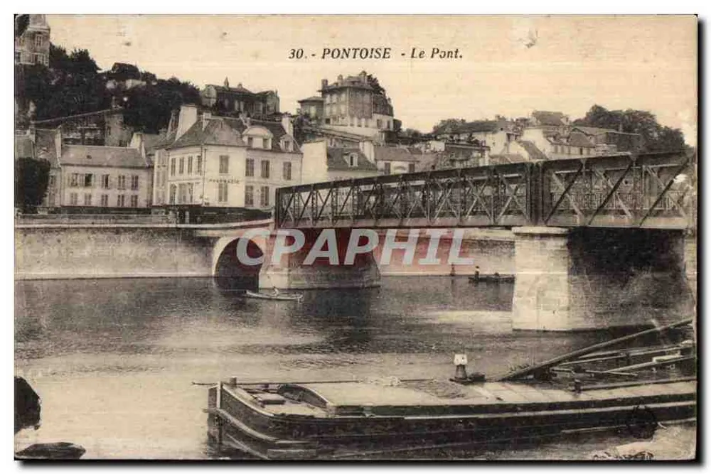 Pontoise - O Ponte — vista do ponte metálico sobre a Sena com barco no cais — editor Phototype l'Abélie, Paris, n°30 - Frente