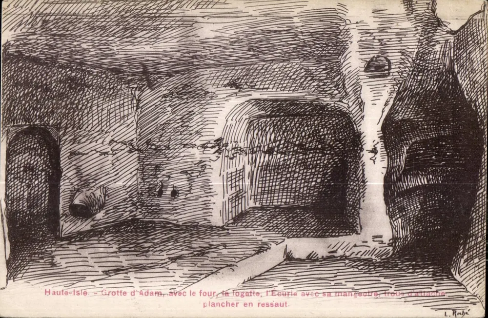 Haute-Isle - Grotte d'Adam — mit Ofen, Loggia, Stall mit Futtertritt, Anschlussloch, erhöfter Boden — L. Rabe - Vorderseite
