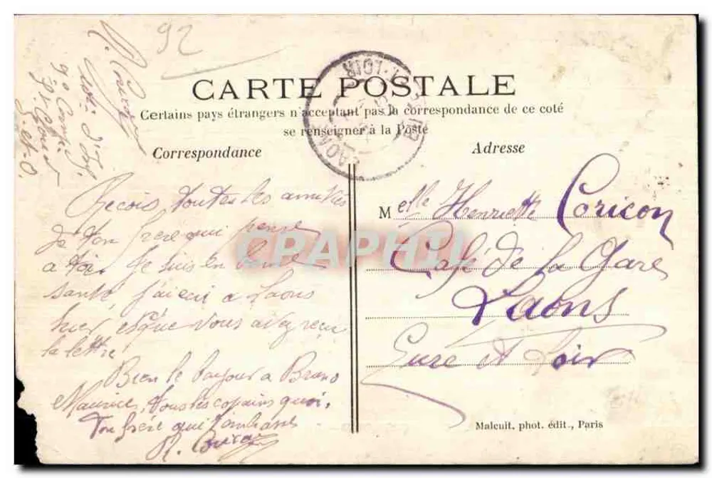 Saint-Cloud — A Caserna — C.M. n°343 - Verso