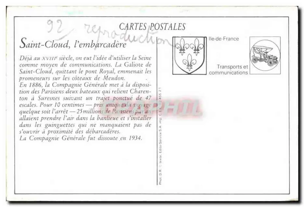 Saint-Cloud — La Seine et l'Embarcadère — Éditeur : Cartes Postales Ile-de-France - Verso