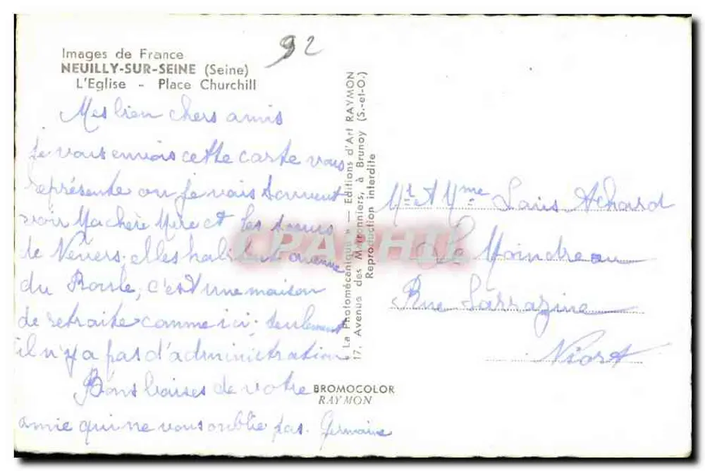Neuilly-sur-Seine — Die Kirche - Churchill-Platz — Éditions d'Art Raymon - Rückseite