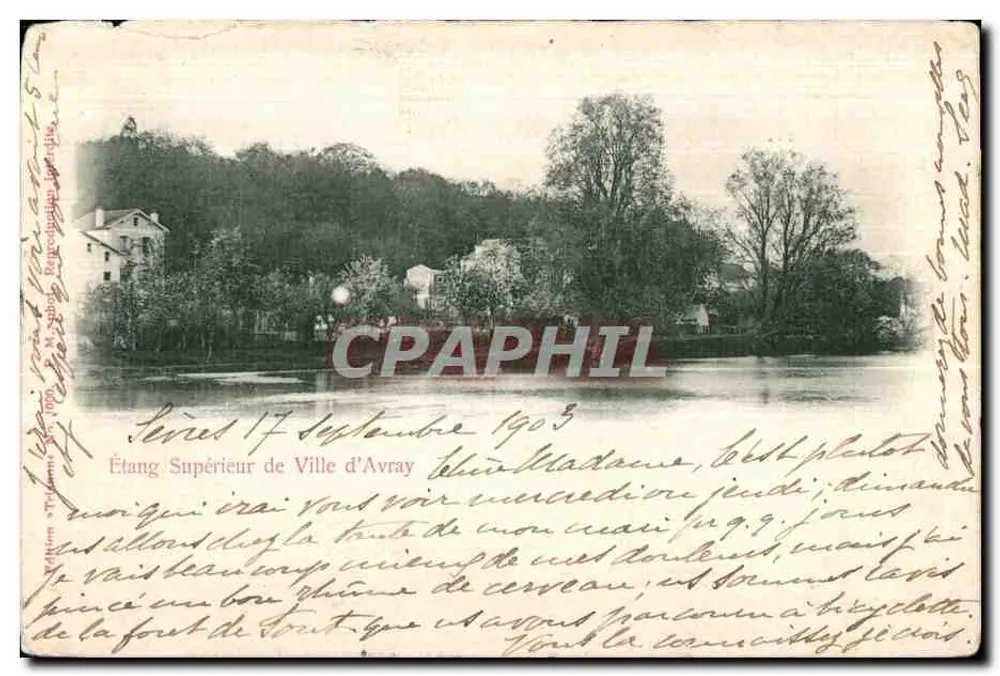 Étang Supérieur de Ville d'Avray — vue sur l'eau et les arbres, éditeur 'M. Sabon, Reproduction litho. ville' - Frente